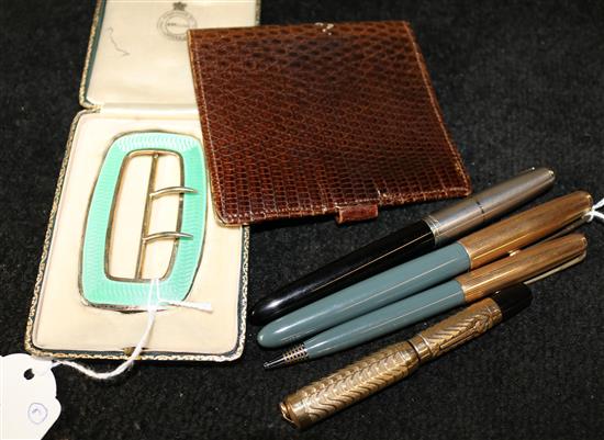 Deakin & Francis guilloche enamel buckle, cased Mappin & Webb snakeskin wallet, 3 fountain pens & pencil